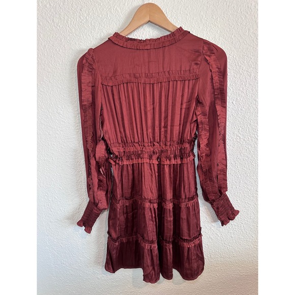 O.P.T. Rust Red Ruffle Tiered Mini Dress Smocked Waist Long Sleeve XS Boho - Picture 3 of 7